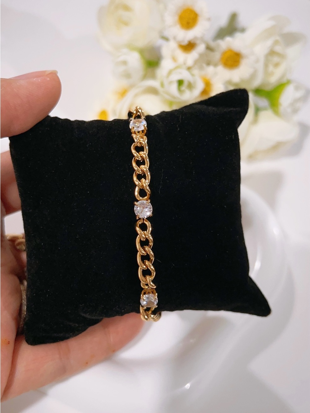 Gold Plated Chain Bracelet with CZ Stones  - Women Jewelry